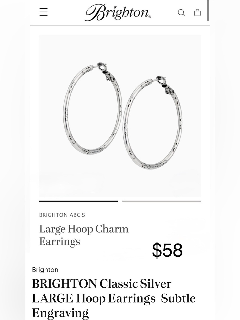 BRIGHTON Classic Silver LARGE Hoop Earrings Subtle Engraving